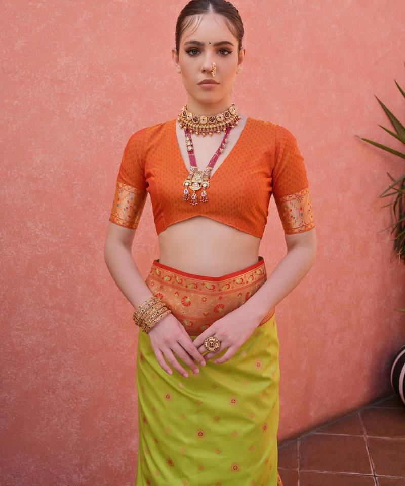 Green solid silk blend saree with blouse