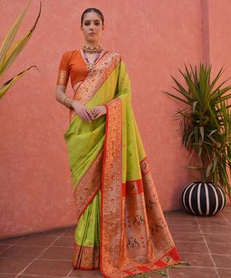 Green solid silk blend saree with blouse 3
