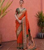 Orange solid silk blend saree with blouse