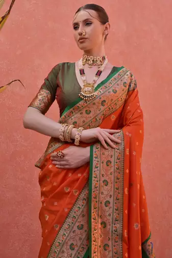 Orange solid silk blend saree with blouse