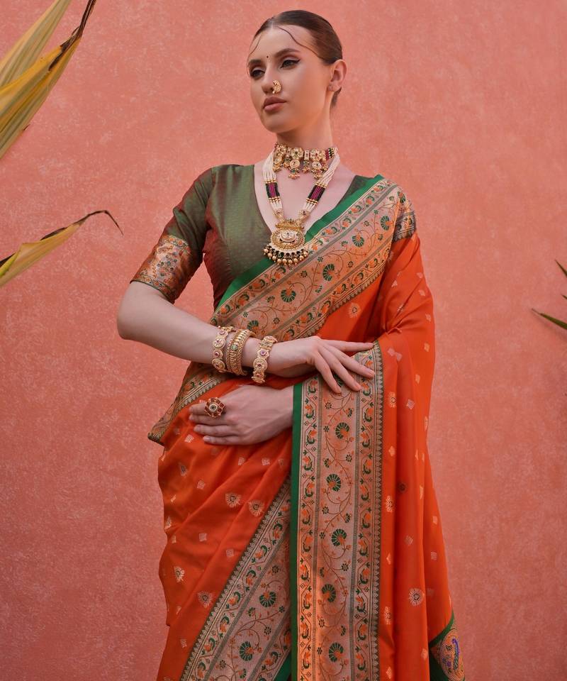 Orange solid silk blend saree with blouse