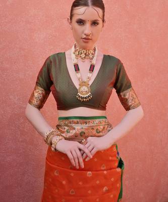 Orange solid silk blend saree with blouse 3