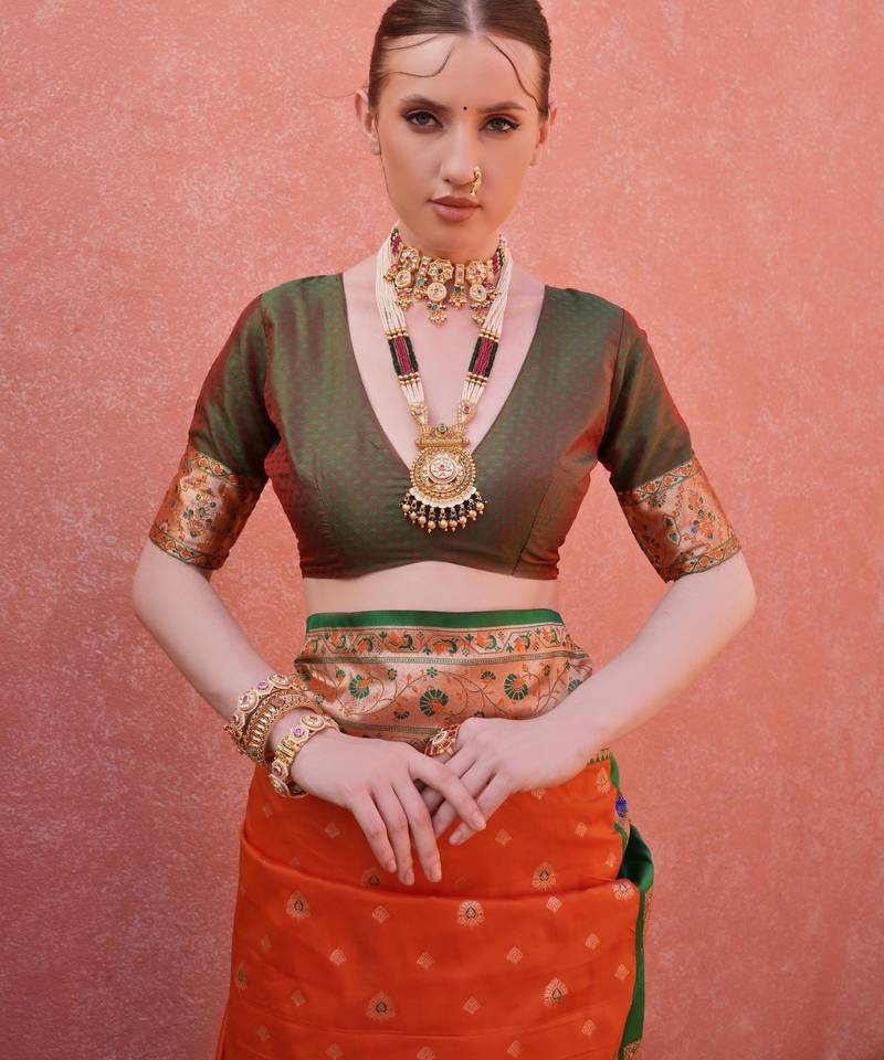 Orange solid silk blend saree with blouse