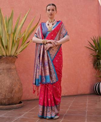 Pink solid silk blend saree with blouse 1