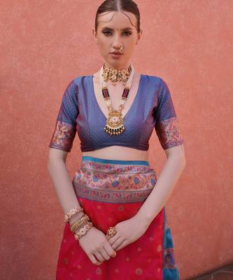 Pink solid silk blend saree with blouse 3