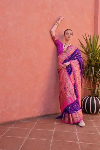 Purple solid silk blend saree with blouse