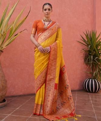 Yellow solid silk blend saree with blouse 1