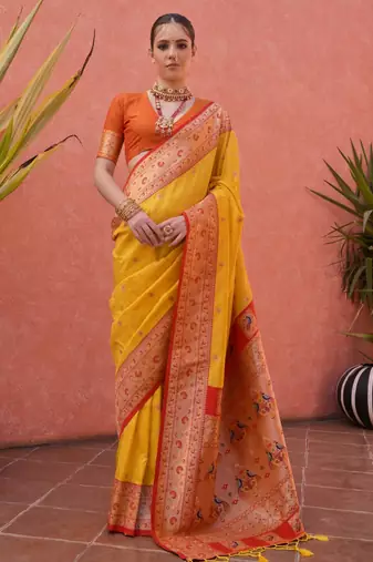 Yellow solid silk blend saree with blouse