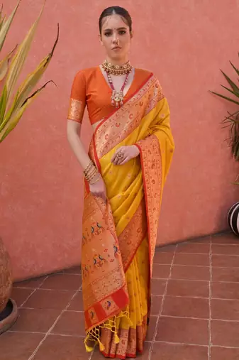 Yellow solid silk blend saree with blouse