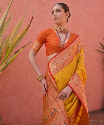 Yellow solid silk blend saree with blouse 3