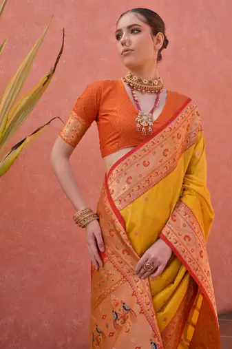 Yellow solid silk blend saree with blouse