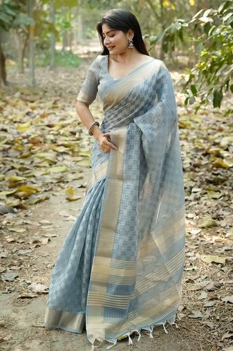 blue solid silk blend saree with blouse