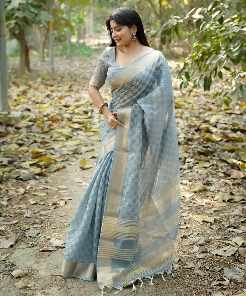 blue solid silk blend saree with blouse