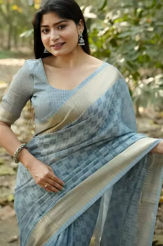 blue solid silk blend saree with blouse
