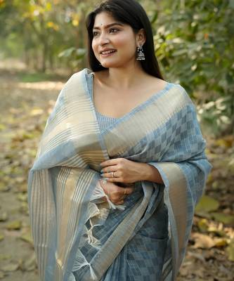 blue solid silk blend saree with blouse 3