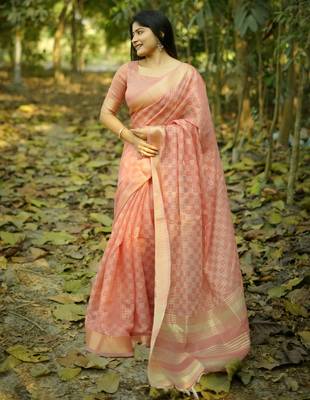 peach solid silk blend saree with blouse 1