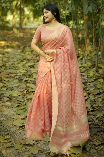 peach solid silk blend saree with blouse