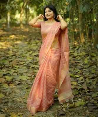 peach solid silk blend saree with blouse 2