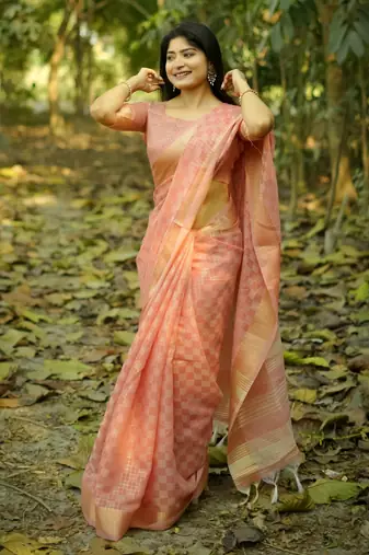 peach solid silk blend saree with blouse