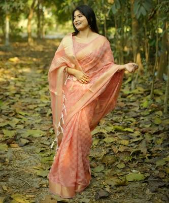 peach solid silk blend saree with blouse 3