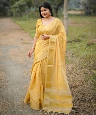 yellow solid silk blend saree with blouse 1