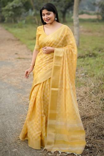 yellow solid silk blend saree with blouse