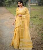 yellow solid silk blend saree with blouse