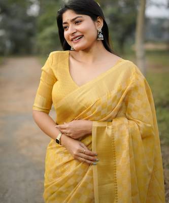 yellow solid silk blend saree with blouse 2