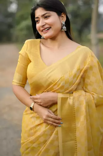 yellow solid silk blend saree with blouse