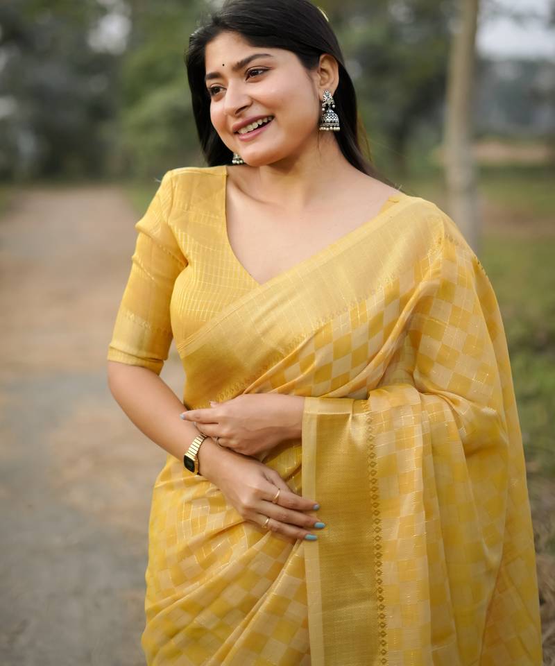 yellow solid silk blend saree with blouse