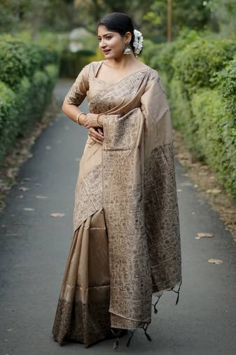 beige solid raw silk blend saree with blouse
