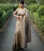 beige solid raw silk blend saree with blouse