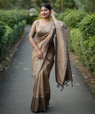 beige solid raw silk blend saree with blouse 2
