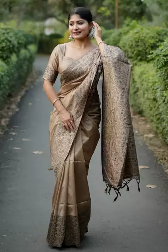 beige solid raw silk blend saree with blouse
