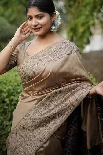 beige solid raw silk blend saree with blouse