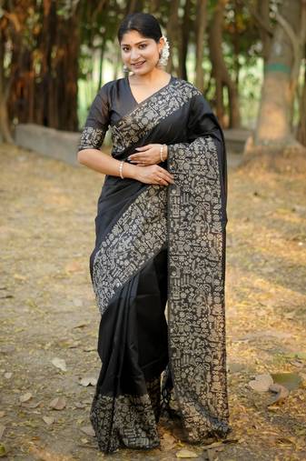 black solid raw silk blend saree with blouse