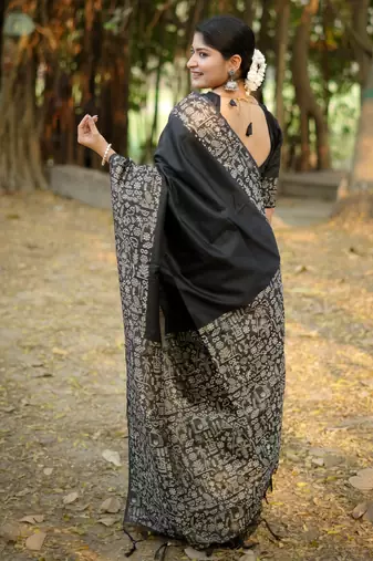 black solid raw silk blend saree with blouse