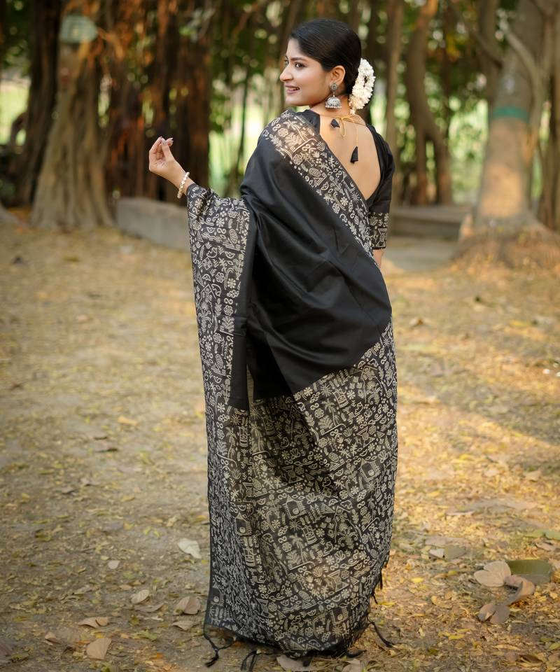 black solid raw silk blend saree with blouse