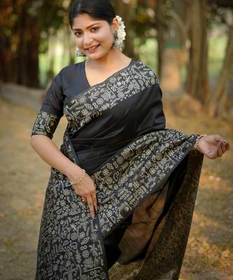 black solid raw silk blend saree with blouse 3