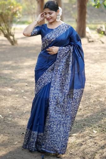 blue solid raw silk blend saree with blouse