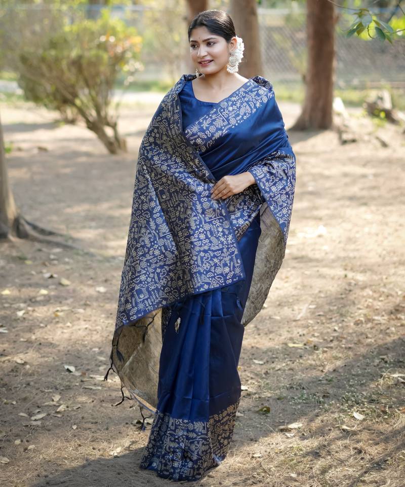 blue solid raw silk blend saree with blouse