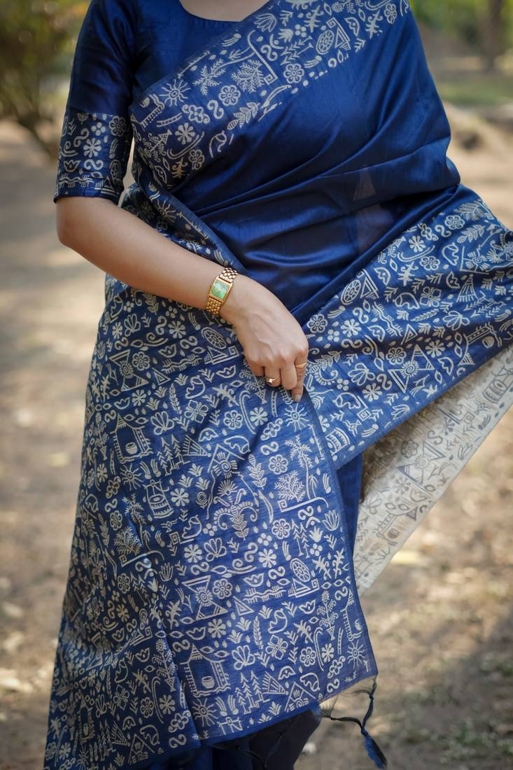 blue solid raw silk blend saree with blouse
