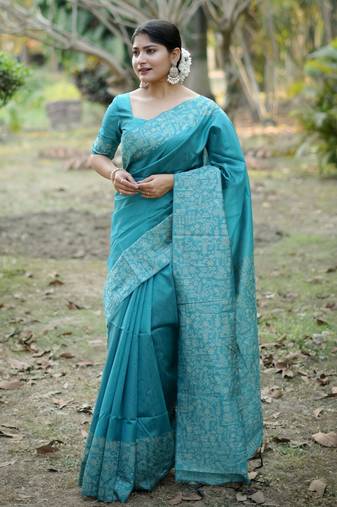 blue solid raw silk blend saree with blouse