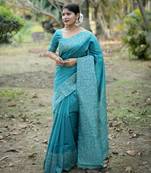 blue solid raw silk blend saree with blouse