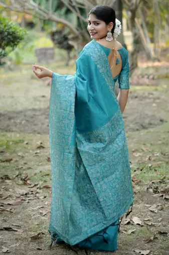 blue solid raw silk blend saree with blouse