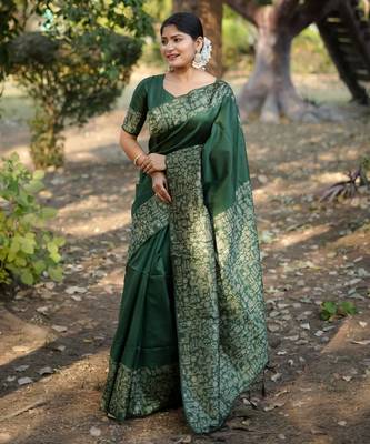 green solid raw silk blend saree with blouse 1