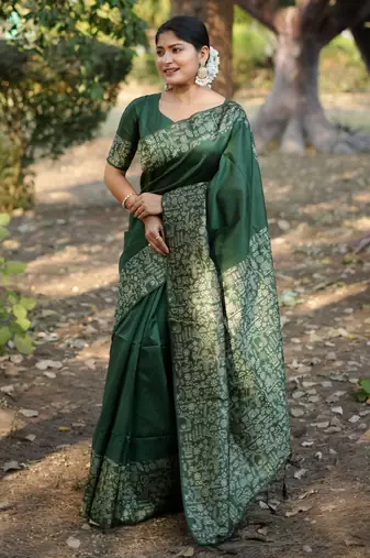 green solid raw silk blend saree with blouse