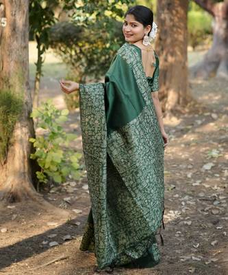 green solid raw silk blend saree with blouse 2