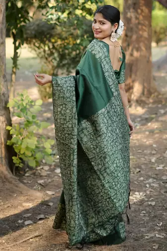 green solid raw silk blend saree with blouse