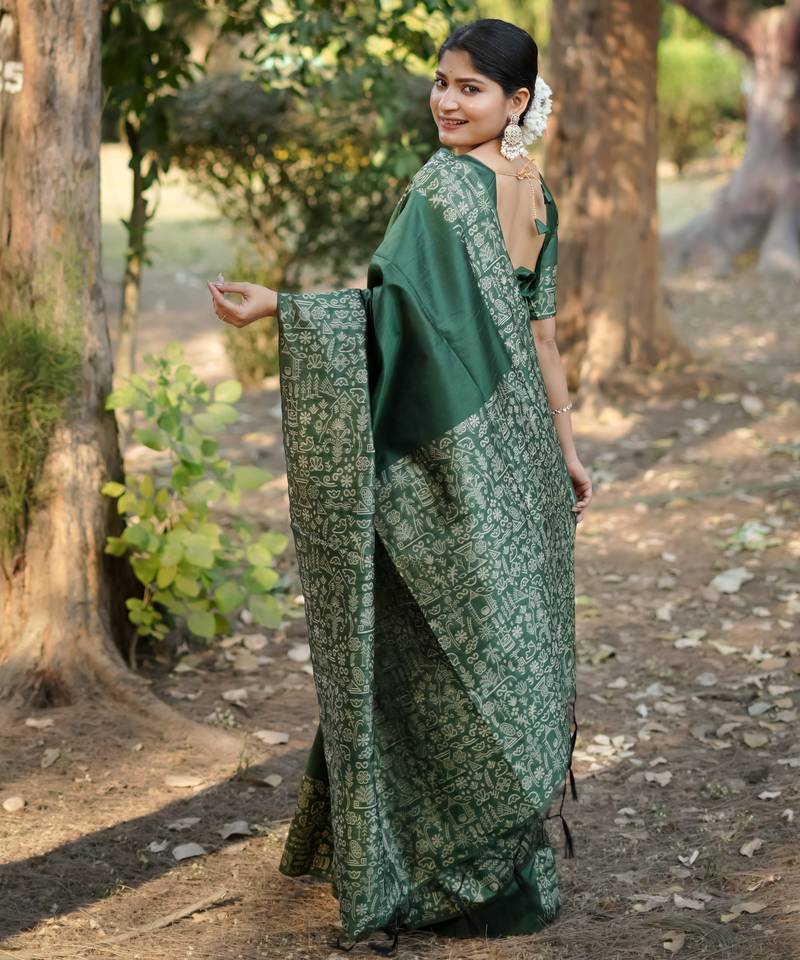 green solid raw silk blend saree with blouse